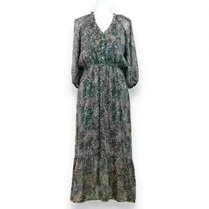 Ellison Green Floral Paisley Chiffon Midi Dress 3/4 Sleeves V-Neck Size Small